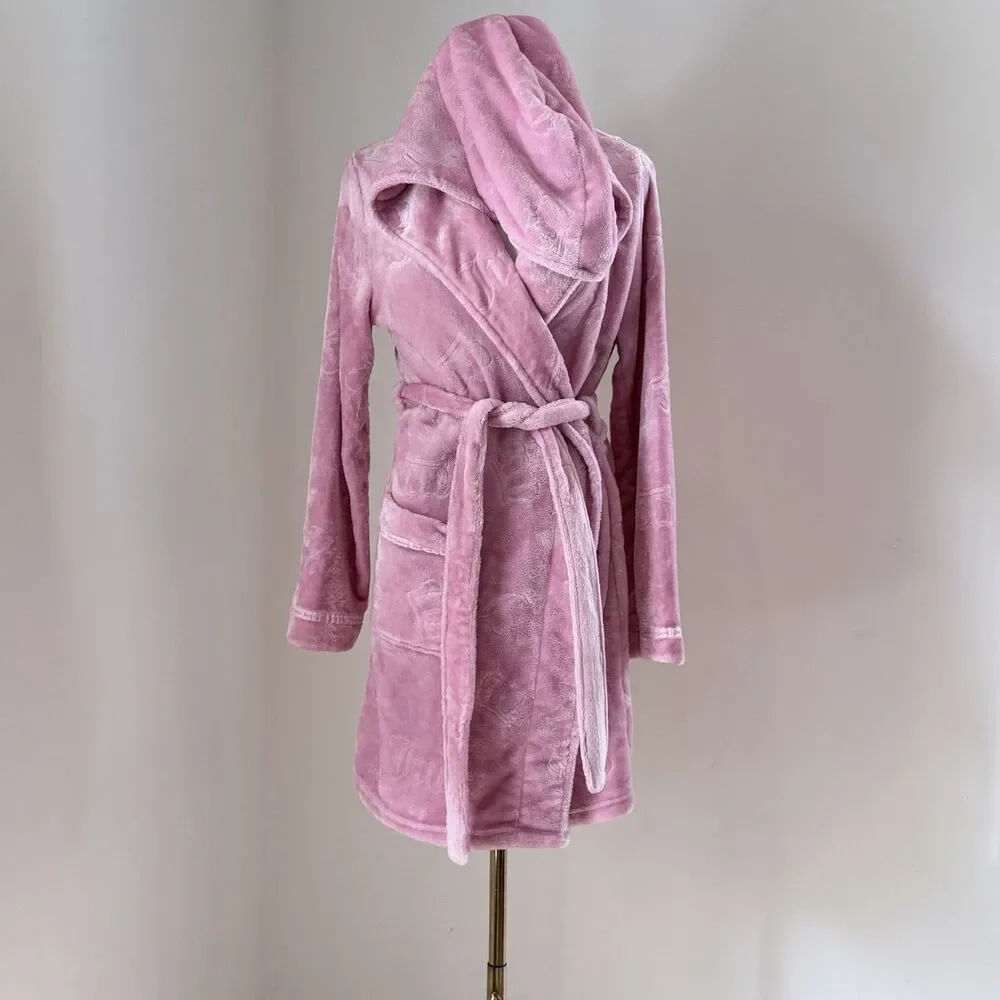 Juicy Couture Pink Plush Hooded Robe S/M Y2K Coquette Velour Spa Loungewear - Picture 6 of 16